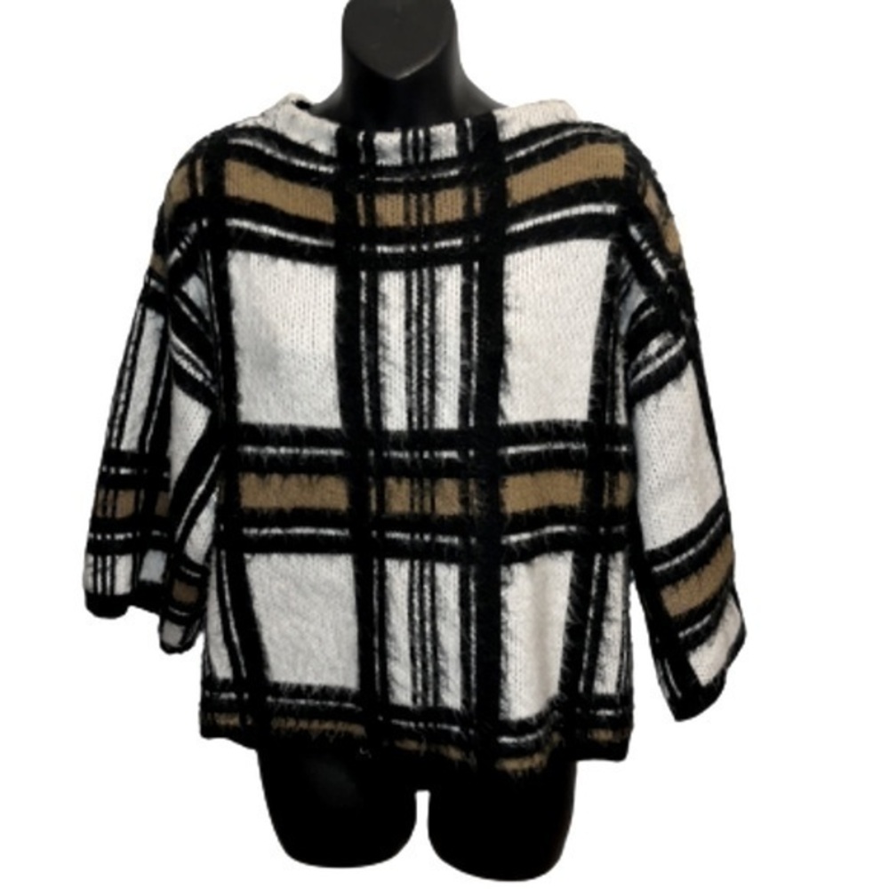 Madison Hill New York tan/black fuzzy plaid sweater size L